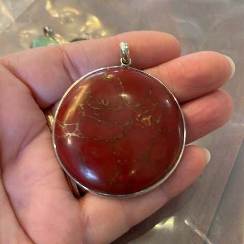 Sterling Silver Large Round Red Turquoise Pendant