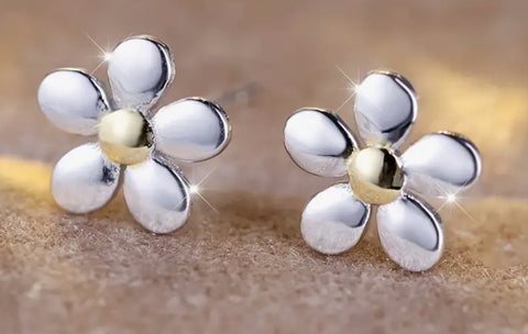 Sterling Silver Gold Vermeil Earrings Flower 5 Petal Stud Earrings