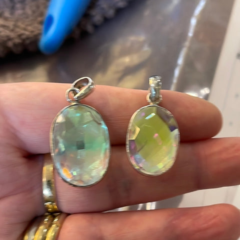 Sterling Silver Oval Pale Green and White Mystic Quartz Pendant