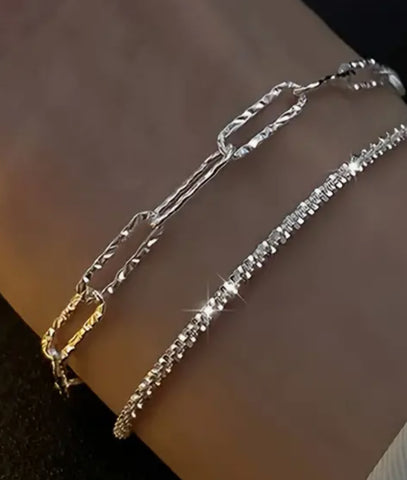 Sterling Silver Double Paperclip Sparkle Chain Bracelet