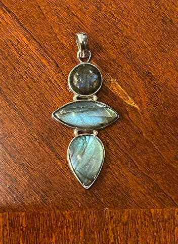 Sterling Silver 3 Stone Drop Labradorite Pendant