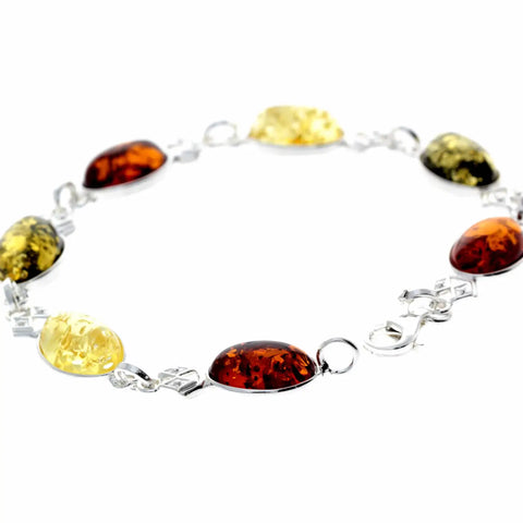 Sterling Silver & Genuine Baltic Amber Link Bracelet - (Mix)