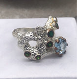 Sterling Silver Topaz and green onyx with white and rose gold ring sz 6