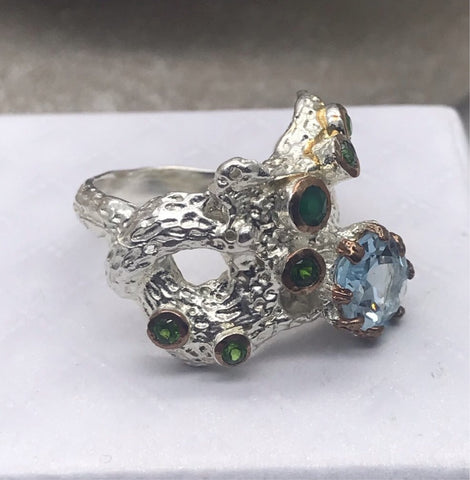 Sterling Silver Topaz and green onyx with white and rose gold ring sz 6