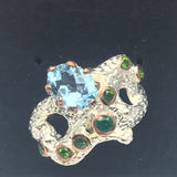 Sterling Silver Topaz and green onyx with white and rose gold ring sz 6