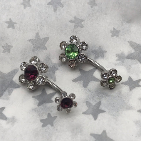 Barbell body piercing flower sterling silver crystal