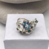 Sterling Silver Topaz and green onyx with white and rose gold ring sz 6