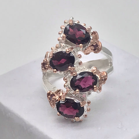 Sterling Silver Rhodolite with white and rose gold ring sz 6