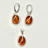 Sterling Silver Amber Oval With Small Wire Earrings and Pendant Set
