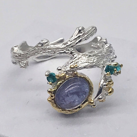 Sterling Silver Tanzanite and green cz white and gold ring