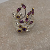 Sterling Silver Rhodolite and Amethyst and gold ring