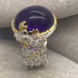 Sterling Silver Gold Vermeil 13ct+ Amethyst and tourmaline white and rose gold ring