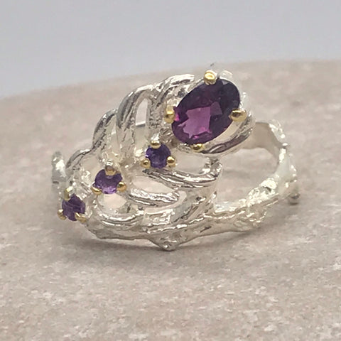 Sterling Silver Rhodolite and Amethyst White and Gold Ring