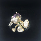 Sterling Silver Gold Vermeil Amethyst and Diopside and Gold sz 7 1/2 Ring Adjustable
