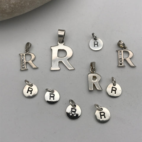 Initial silver charm letter R