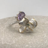 Sterling Silver Gold Vermeil Amethyst and Diopside and Gold sz 7 1/2 Ring Adjustable