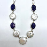Sterling Silver Coin Pearl Lapis Lazuli Station Necklace