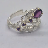 Sterling Silver Rhodolite and Amethyst White and Gold Ring