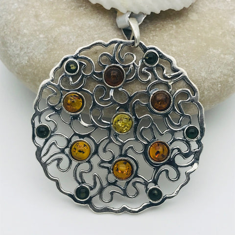 Sterling Silver Amber Squiggly Circle Pendant