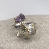 Sterling Silver Gold Vermeil Amethyst and Diopside and Gold sz 7 1/2 Ring Adjustable
