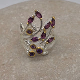 Sterling Silver Rhodolite and Amethyst and gold ring