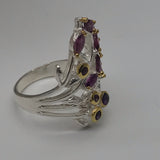 Sterling Silver Rhodolite and Amethyst and gold ring