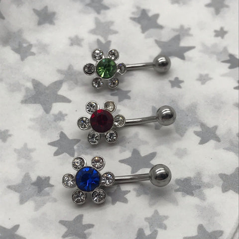 Sterling Silver Barbell Flower and Ball Crystal Body Piercing