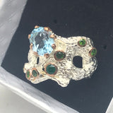 Sterling Silver Topaz and green onyx with white and rose gold ring sz 6