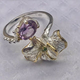 Sterling Silver Gold Vermeil Amethyst and Diopside and Gold sz 7 1/2 Ring Adjustable