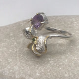 Sterling Silver Gold Vermeil Amethyst and Diopside and Gold sz 7 1/2 Ring Adjustable