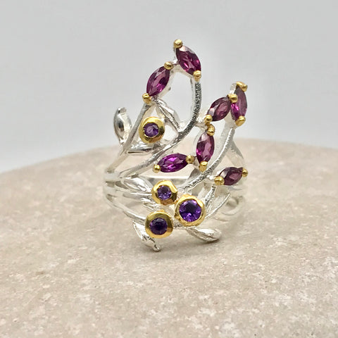 Sterling Silver Rhodolite and Amethyst and gold ring