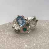 Sterling Silver Topaz and green onyx with white and rose gold ring sz 6