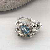 Sterling Silver Topaz and green onyx with white and rose gold ring sz 6