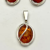 Sterling Silver Amber Oval With Small Wire Earrings and Pendant Set
