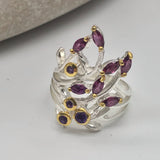 Sterling Silver Rhodolite and Amethyst and gold ring