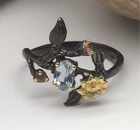 Sterling Silver Topaz and tourmaline black rhodium gold ring