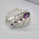 Sterling Silver Rhodolite and Amethyst White and Gold Ring