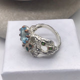 Sterling Silver Topaz and green onyx with white and rose gold ring sz 6
