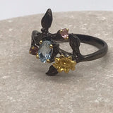Sterling Silver Topaz and tourmaline black rhodium gold ring