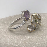 Sterling Silver Gold Vermeil Amethyst and Diopside and Gold sz 7 1/2 Ring Adjustable