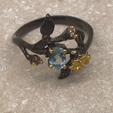 Sterling Silver Topaz and tourmaline black rhodium gold ring