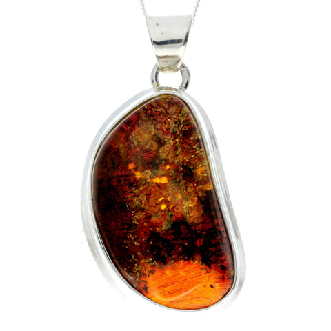 925 Sterling Silver & Genuine Green Baltic Amber Exclusive Unique Pendant - Green-cognac