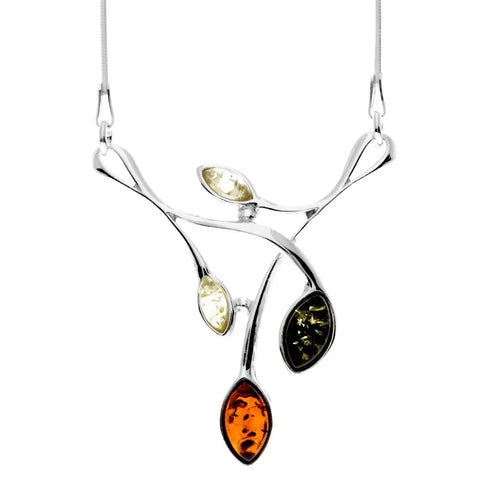 925 Sterling Silver & Genuine Baltic Amber Contemporary Modern Necklace - (Mix)