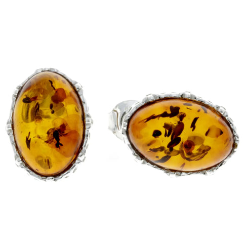 925 Sterling Silver & Genuine Baltic Amber Classic Oval Studs Earrings -(Cognac)