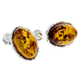 925 Sterling Silver & Genuine Baltic Amber Classic Oval Studs Earrings -(Cognac)