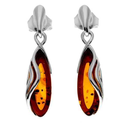 925 Sterling Silver & Genuine Baltic Amber Modern Studs Dangling Earrings - cognac