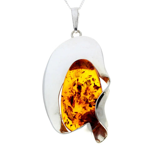 Sterling Silver & Genuine Cognac Baltic Amber Exclusive Unique Pendant