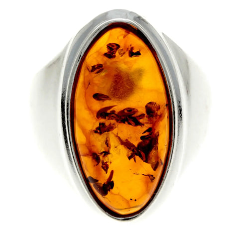 925 Sterling Silver & Baltic Amber Classic Designer Ring - (Cognac / 8)
