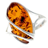 925 Sterling Silver & Genuine Baltic Amber Adjustable Ring -  (Cognac)