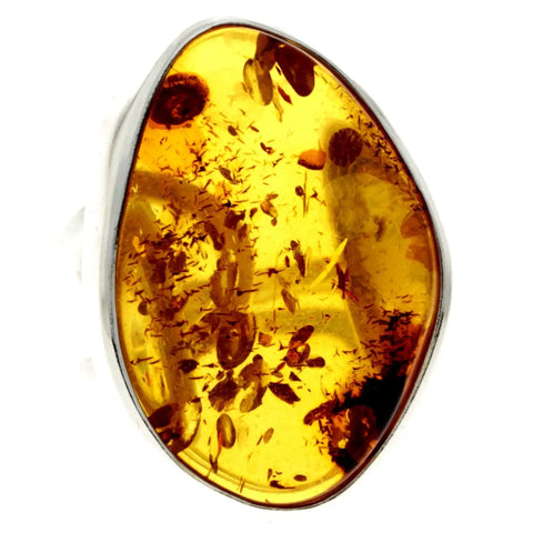 925 Sterling Silver & Genuine Cognac Baltic Amber Unique Ring -